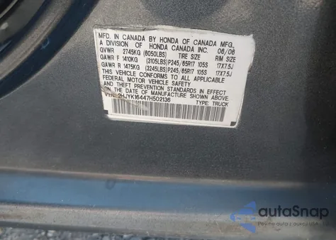 2007 Honda Ridgeline Rts z USA, uszkodzony, nr VIN 2HJYK16447H502136